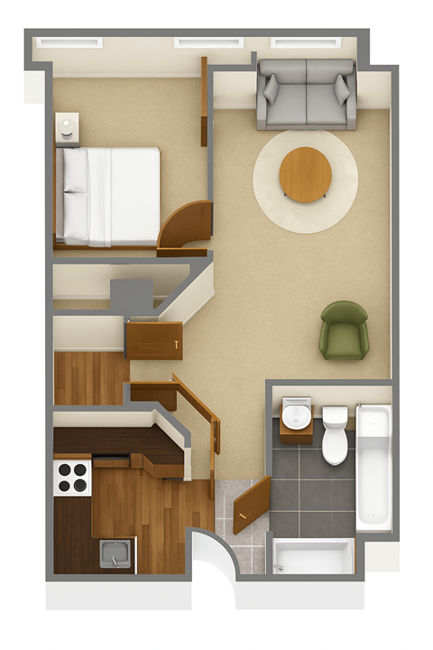 Floor plan for 1 bed, 1 bath, 645 sqft